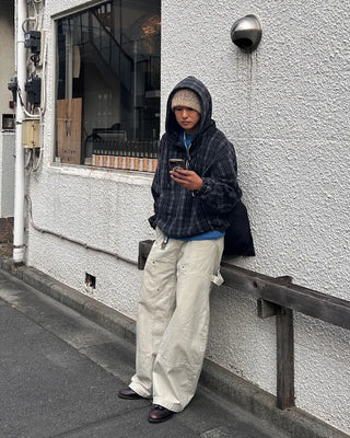 Checkered fleece knit hooded zip-up