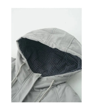 (2 colors) Checkered pattern, color-blocked, fleece-lined hooded jacket (brushed lining)