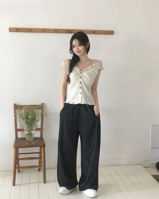 [2-way] Frill Stripe Border Blouse