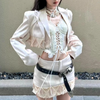 Long sleeve lace hem self tie satin 3 piece skirt set