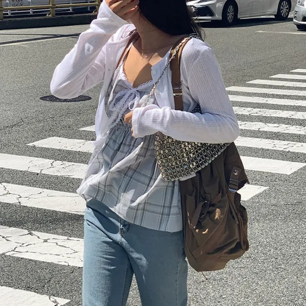 Layered Slim Perforated Eyelet Long Sleeve Cardigan T-Shirt