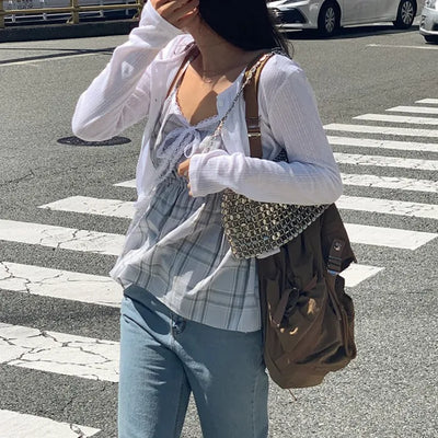 Layered Slim Perforated Eyelet Long Sleeve Cardigan T-Shirt