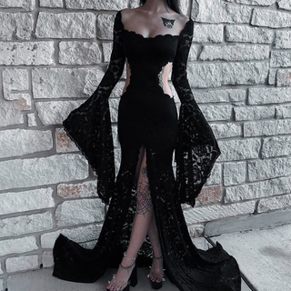 Long flared sleeve hollow out slit v neck cut out maxi dress