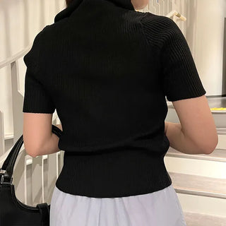 Colored Zipper Short-Sleeve Knit Cardigan