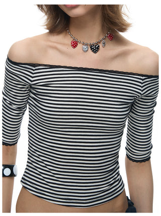 [NECY] Mono Stripe Lace Trimming Half T