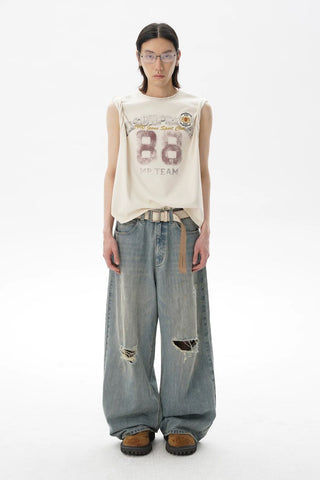 [MASONPRINCE] Washed Distressed Wide Leg Jeans