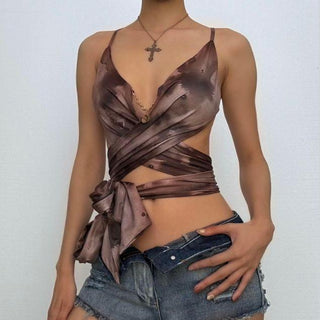 Tie dye metal chain cross front knotted cami top