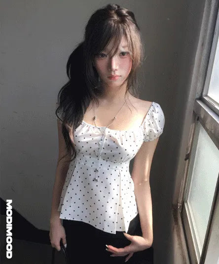 Silky Square Neck Puff Dot Blouse