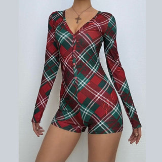 V neck long sleeve plaid button romper
