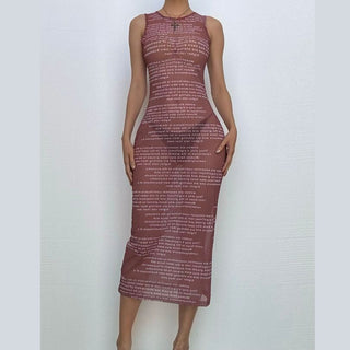 Crewneck sleeveless letter print mesh maxi dress