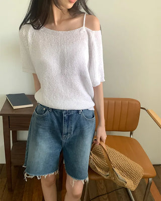 Shoulder strap slit off-shoulder summer short-sleeved knit