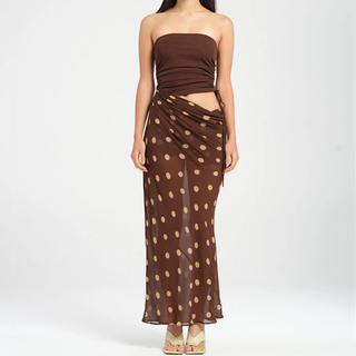Polka dot hollow out drawstring ruched tube cut out maxi dress
