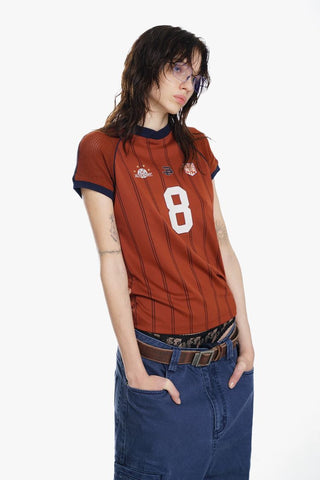 [MASONPRINCE] Mesh Sleeve Striped Sports Jersey Tee