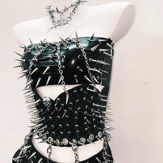 PU leather halter rivet skull metal chain o ring top