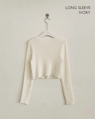(Short-sleeved/Long-sleeved) Pastel Cropped V-neck Slim Button Ribbed Cardigan