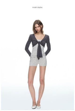 [NECY] Fog Grey Floral Fake Knot Top & Suspender Jumpsuit