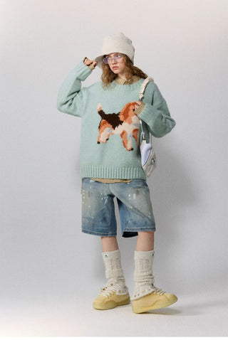 [Monterest] Relaxed Fit Dog Pattern Knit Sweater