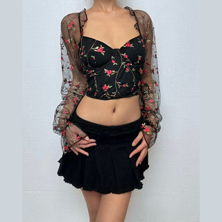 Flower embroidery bustier lace up top