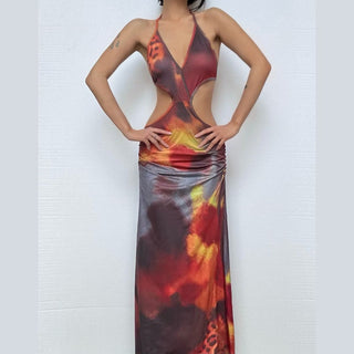 Halter self tie deep V neck leopard print maxi dress