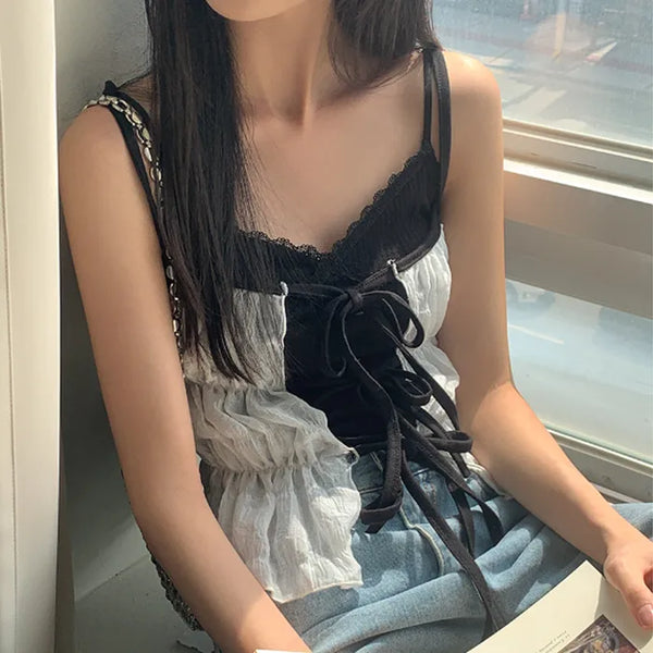 Two-tone shirred ribbon tie blouse bustier