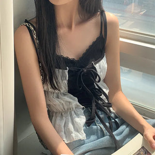 Two-tone shirred ribbon tie blouse bustier