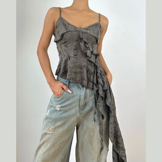 V neck ruffle irregular backless solid cami top