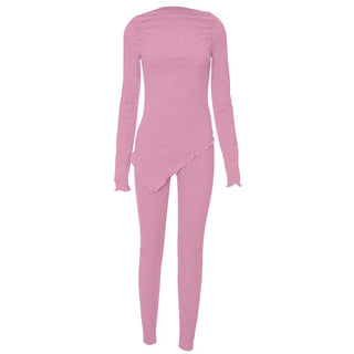 Long sleeve irregular ruched solid pant set