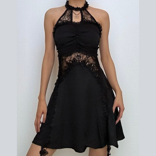 Halter ruffle hollow out lace hem cut out mini dress