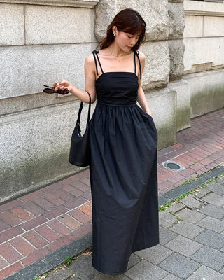 Side-tucked flared long dress