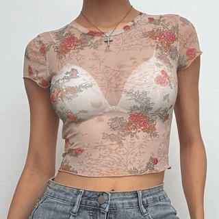 Short sleeve flower print ruffle sheer mesh top