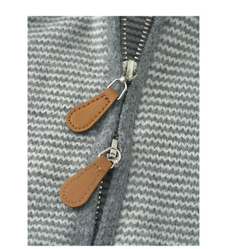 Striped two-way zip-up hooded knit sweater