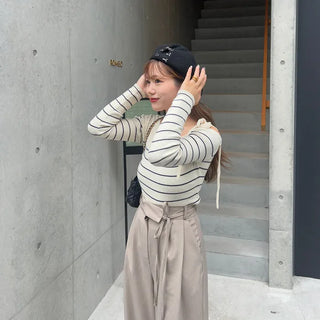 Shoulder ribbon striped knit