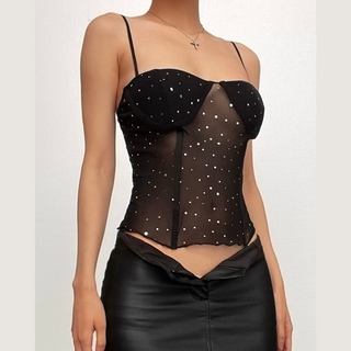 Sweetheart neck ruffle glitter backless stitch mesh cami top