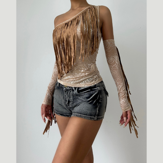 Irregular mesh gloves one shoulder print top