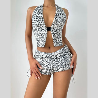 Leopard print halter fluffy lace up pant set