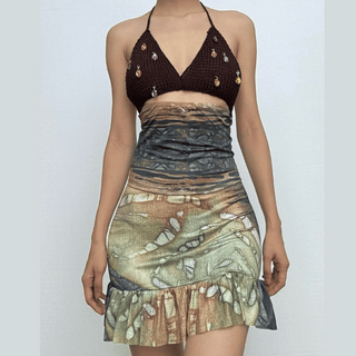 Halter self tie print deep V neck ruched mini dress
