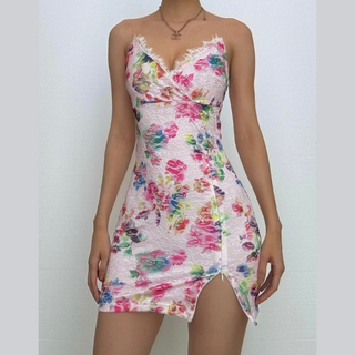 V neck lace flower print cami mini dress