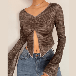 Long sleeve ruffled buttoned slit top
