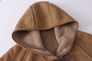 Suede hooded duffel button sheepskin coat
