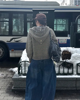 Oversized striped hooded zip-up