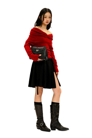 [Moromoro2] Ribbon Slit Pleated Skirt