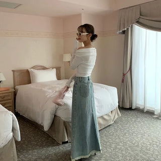 Shirred Asymmetrical Off-Shoulder Long T-Shirt