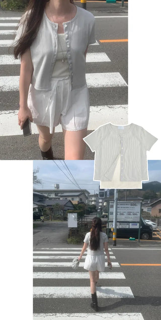 [SET] Cropped Short-Sleeve Ribbed Sleeveless Cardigan Set (4c)