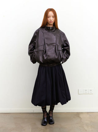 [NeverSeez] Stand Collar Asymmetrical PU Leather Jacket