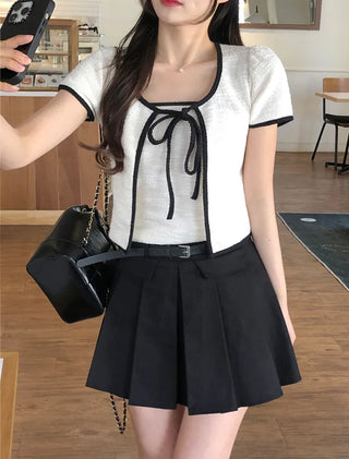 [2pcs] Tweed Ribbon Sleeveless Cardigan Set