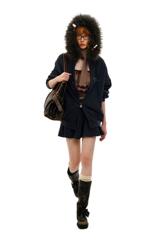 [Moromoro2] Contrast Striped Hooded Cardigan  Set