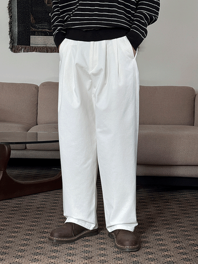 Beams Double-Pleated Half-Elastic Cotton Pants