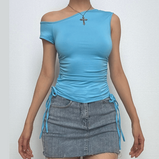 Short sleeve one shoulder ruched drawstring top