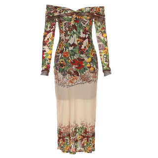 Mesh flower print contrast zip-up off shoulder long sleeve ruched midi dress-final-sale