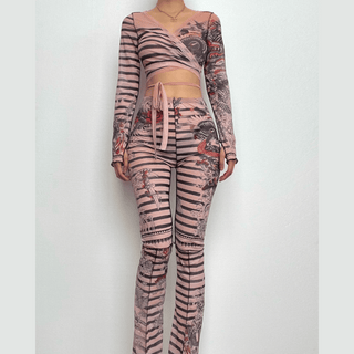 Sheer mesh striped contrast long sleeve self tie pant set
